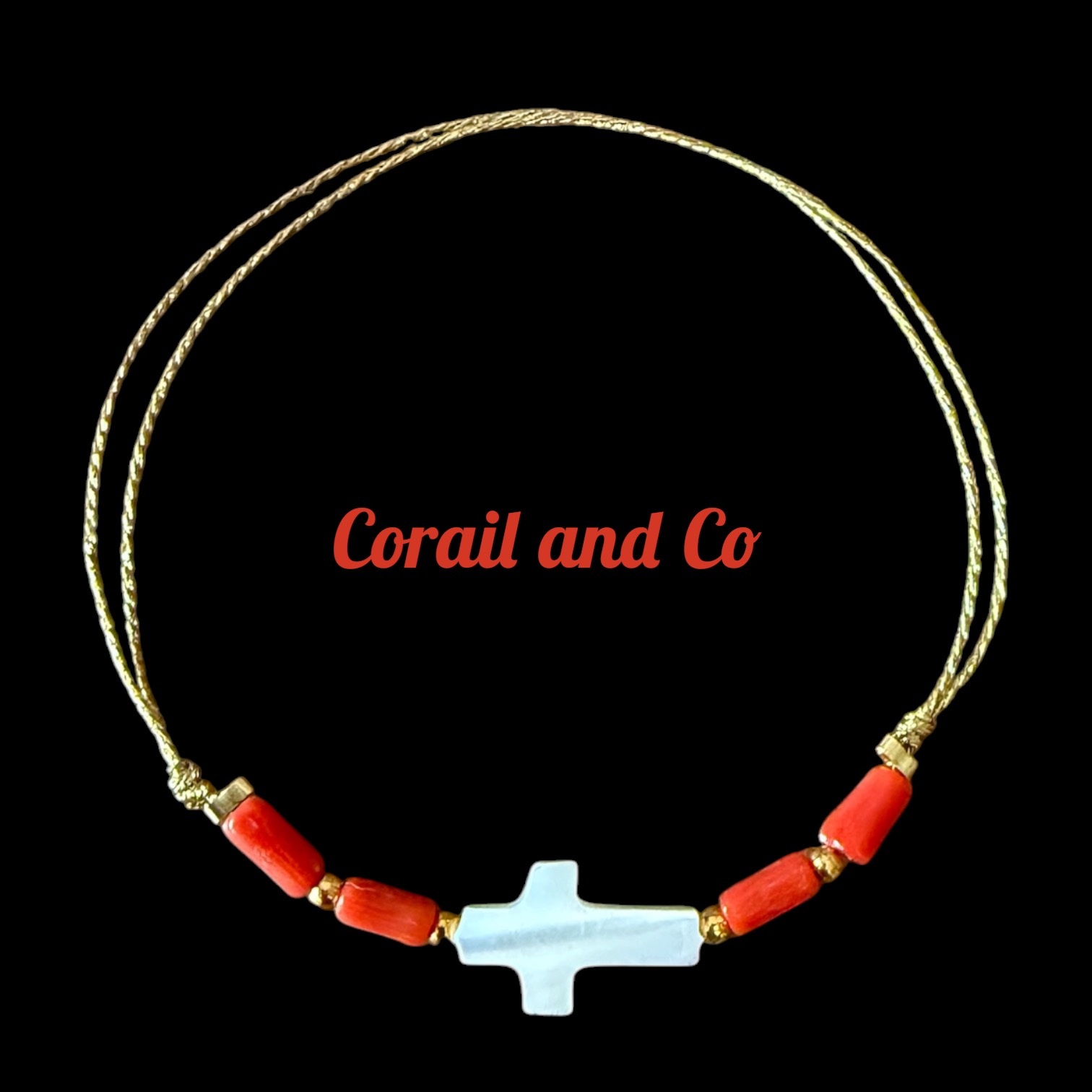 A)  Bracelet femme corail / croix nacre / plaqué or