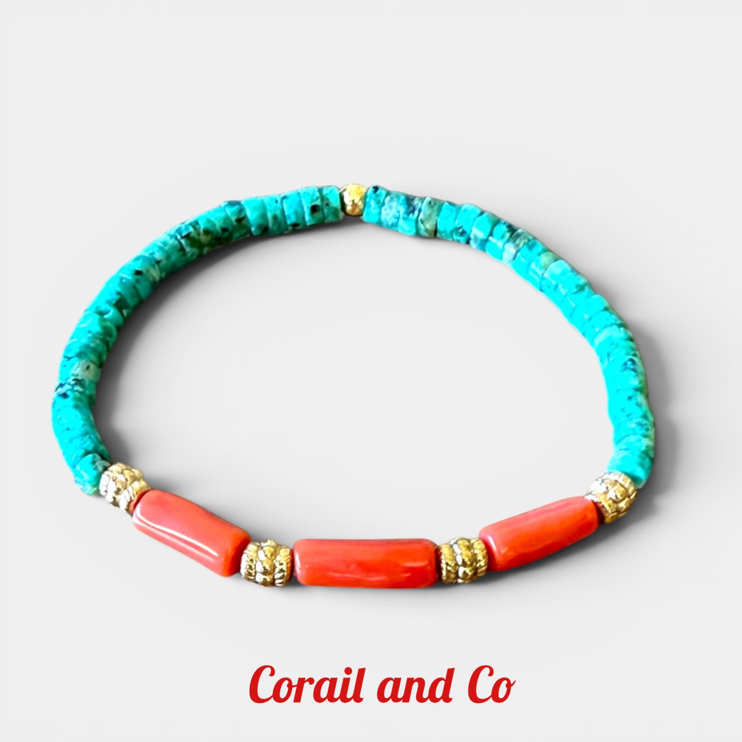 Bracelet femme corail / turquoise / acier inoxydable doré 4mm