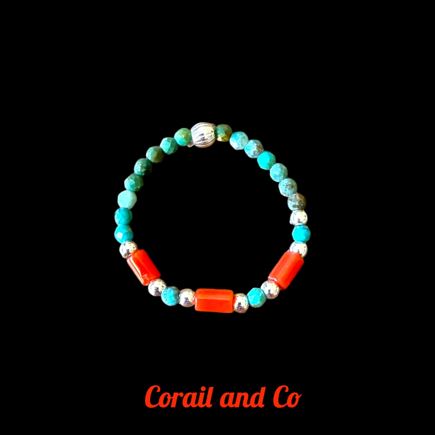 Bague élastique corail / turquoise /argent