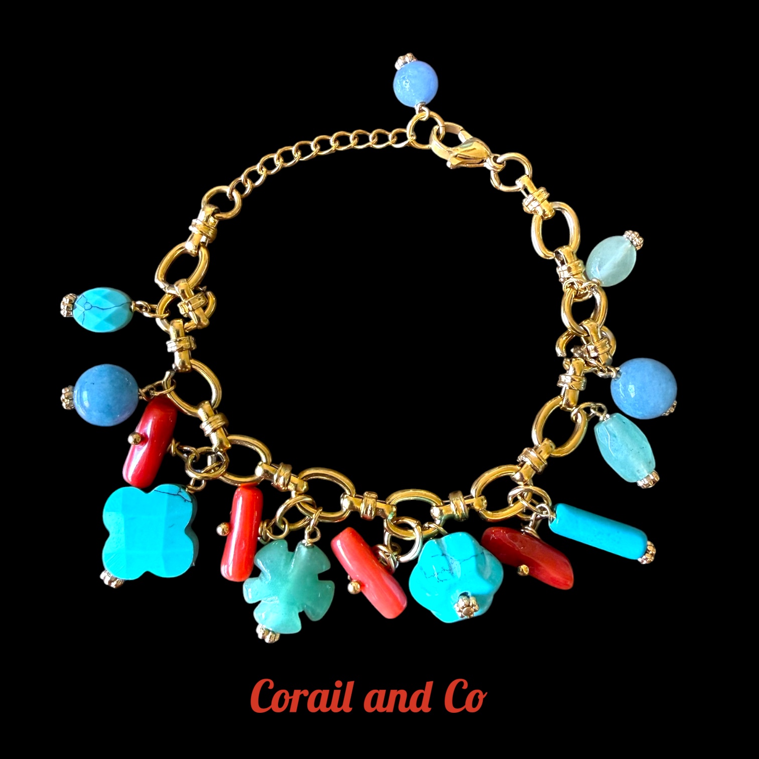  Bracelet charms de corail /turquoise / acier inoxydable doré