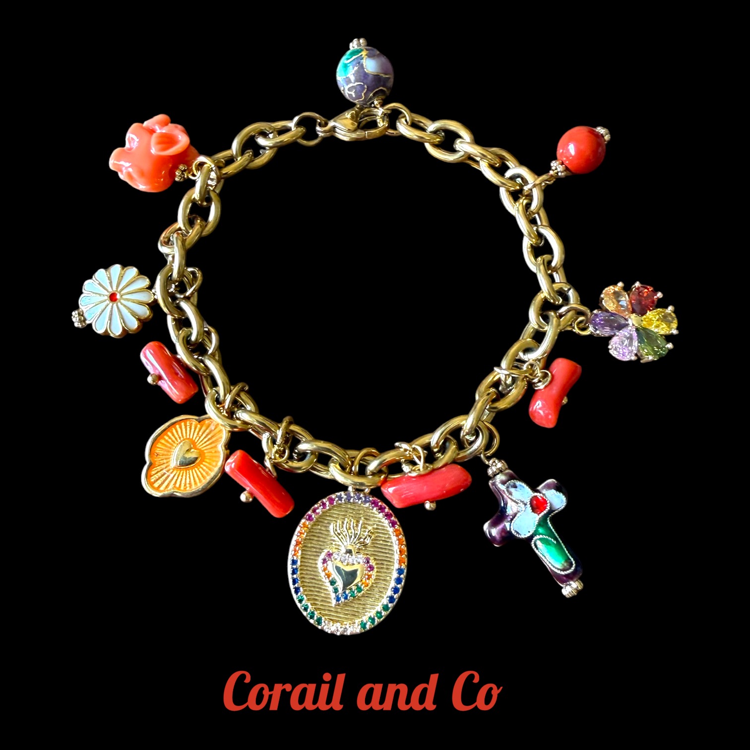 Bracelet charms de corail / pierres fines et médailles  / acier inoxydable doré