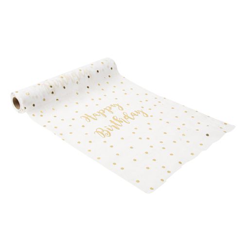 Chemin de Table "Happy Birthday" Mousseline Blanche et Pois Or28cmx5m