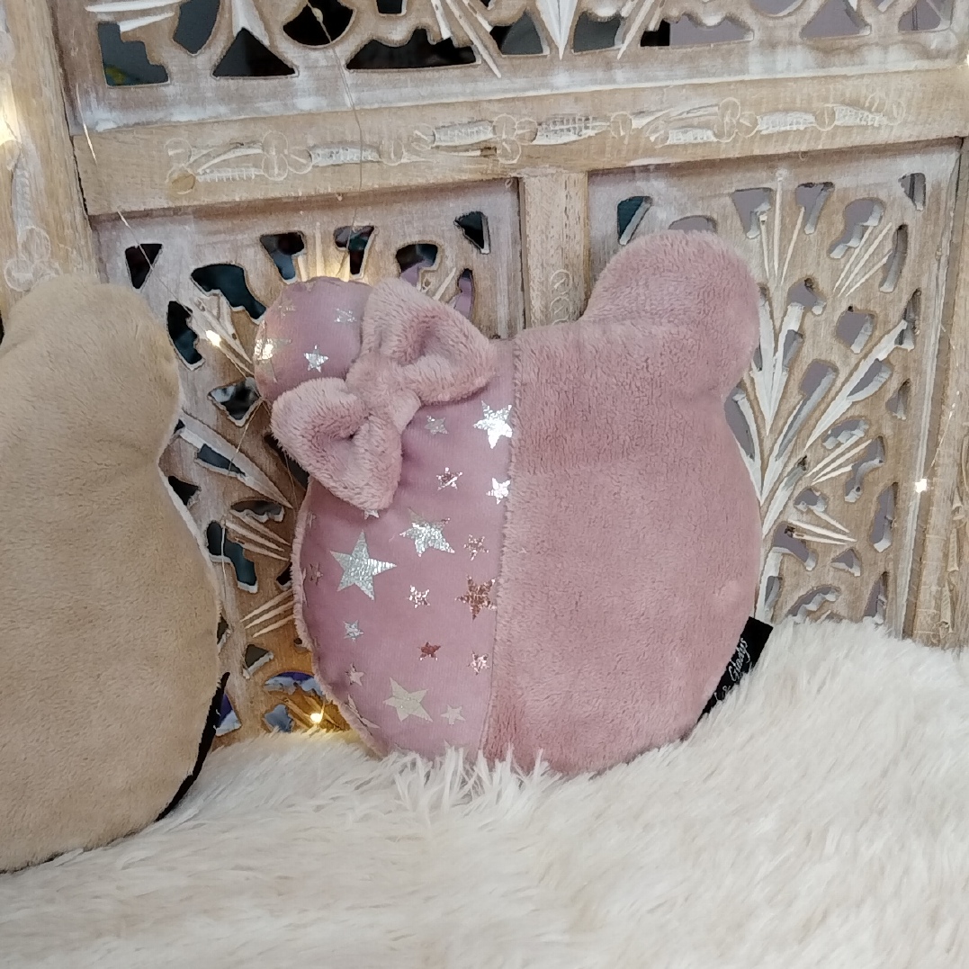 Coussin Ourson Patchwork Rose Poudré étoiles argentées
