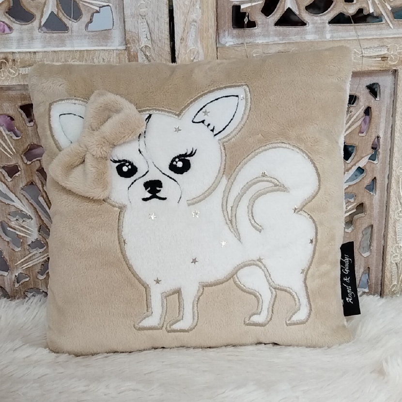 Coussin Carré Caramel Vanille étoiles dorées Chihuahua