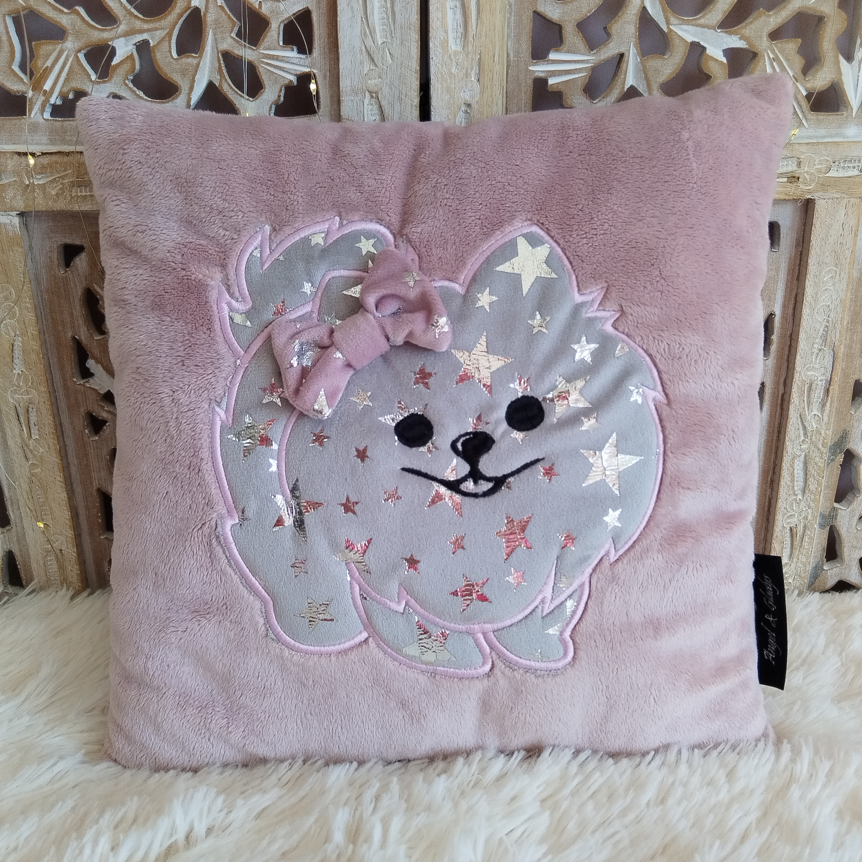 Coussin Carré Rose poudré - Pom Gris étoiles argentées