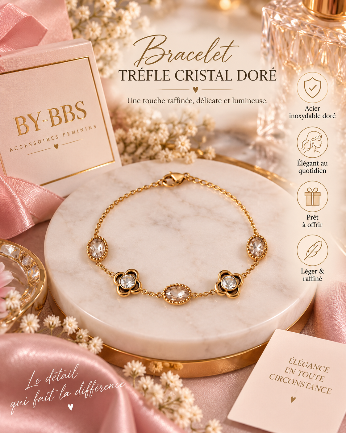 Bracelet trèfle cristal doré