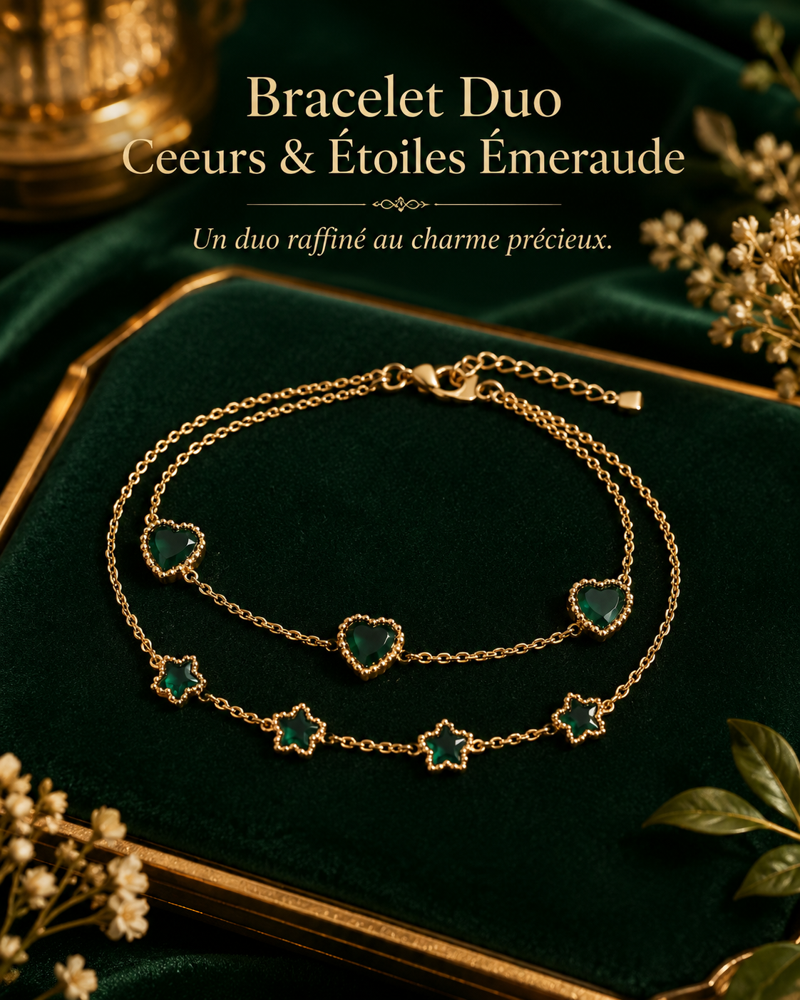 Bracelet duo cœur & étoile émeraude