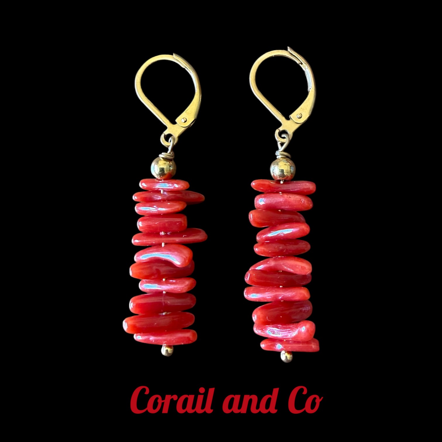 2) Boucles d'oreilles en corail classiques / acier inoxydable doré