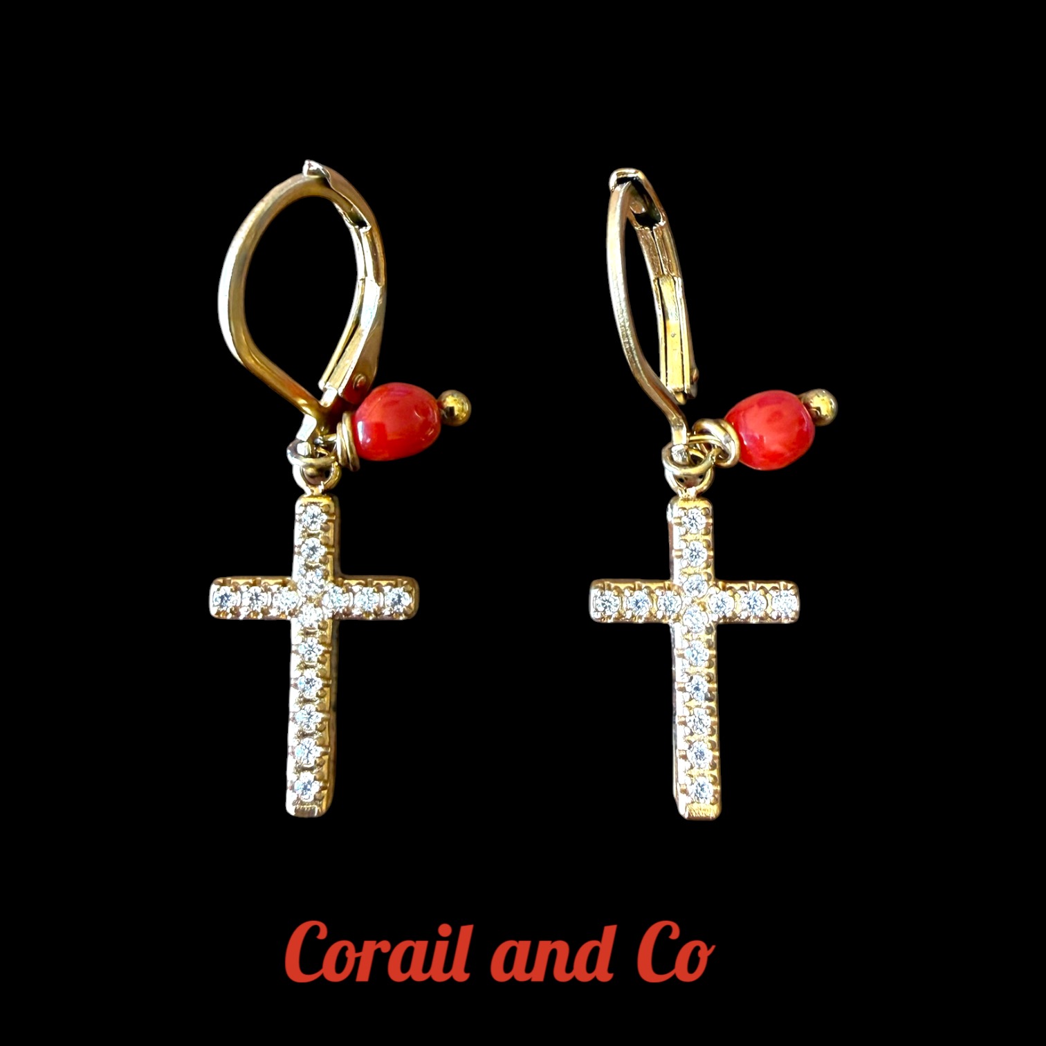  a )Boucles d'oreille corail / croix / acier inoxydable doré