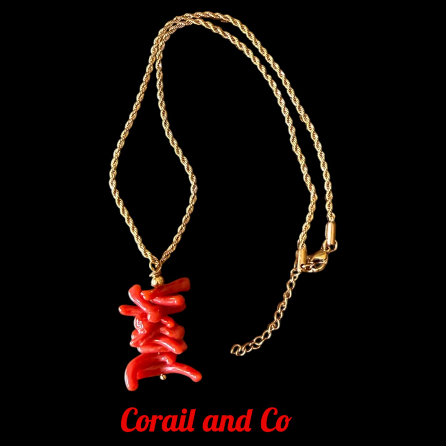 AA ) Collier grappe de  corail avec chaine torsadé en acier inoxydable doré 