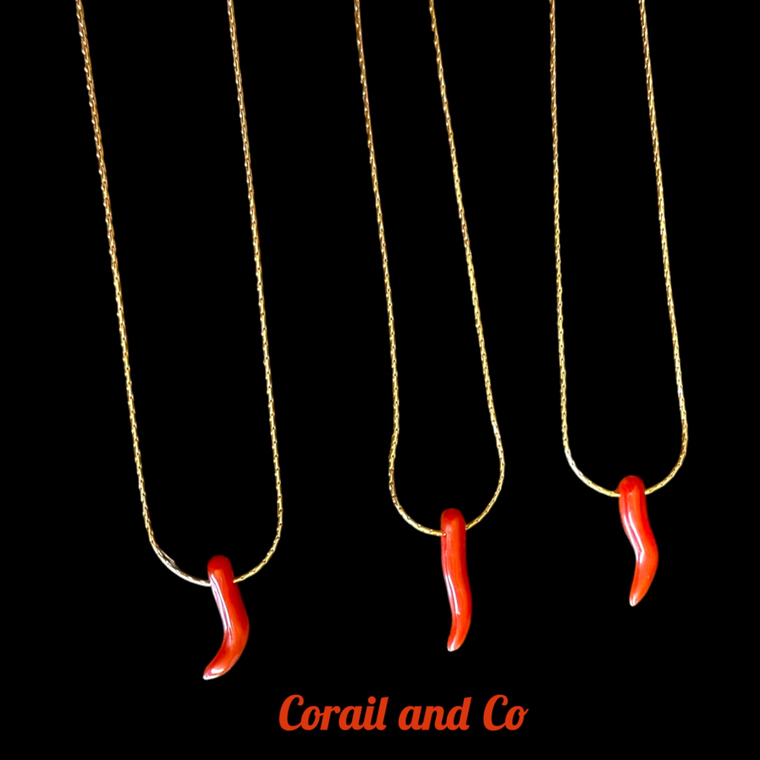 1 ) Collier corne d'abondance en corail sur chaine acier inoxydable doré