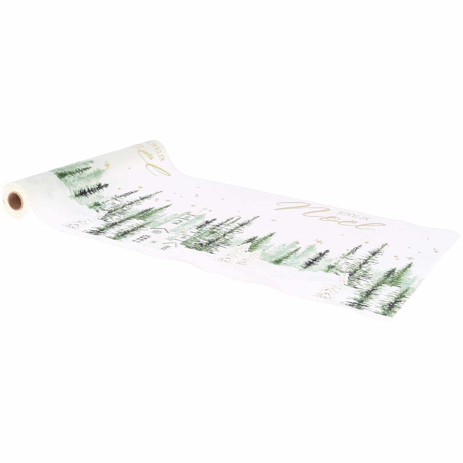 Chemin de Table "Joyeux Noël" Velours Blanc, Vert Forêt et Or28cmx3m