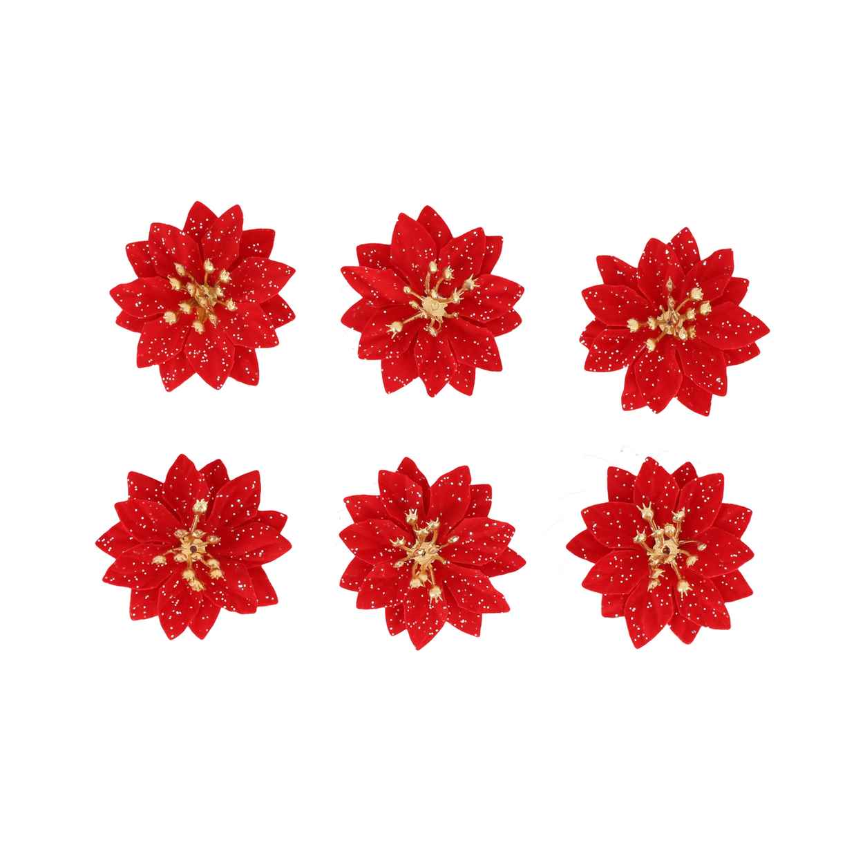 6 Poinsettias Pailletés avec Adhésif Velours Rouge et Or, Paillettes ChampagneØ5,5cm