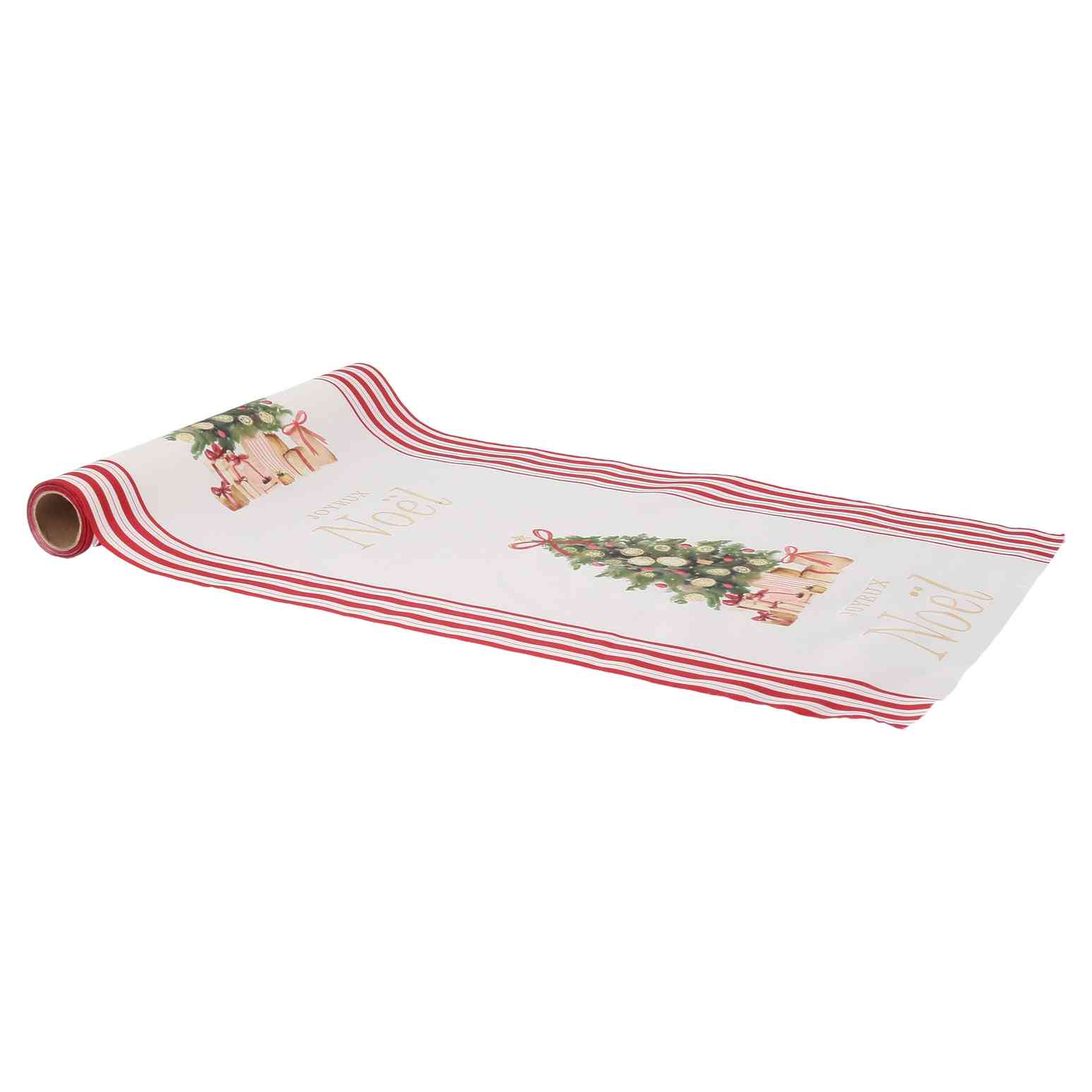 Chemin de Table Sapin Tissu Blanc, Cerise, Vert Sapin et Or28cmx3m