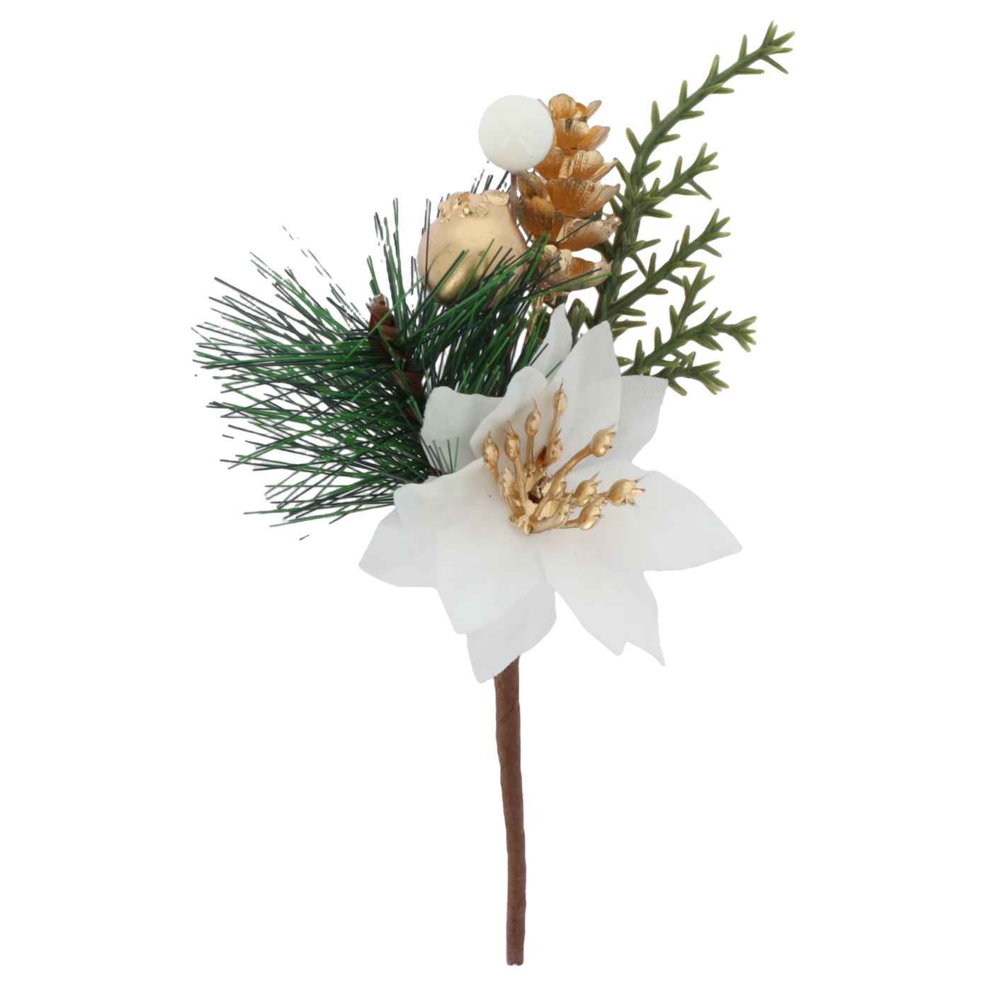 Branche Rêverie avec Poinsettia Blanc, Vert et Or11,5cm
