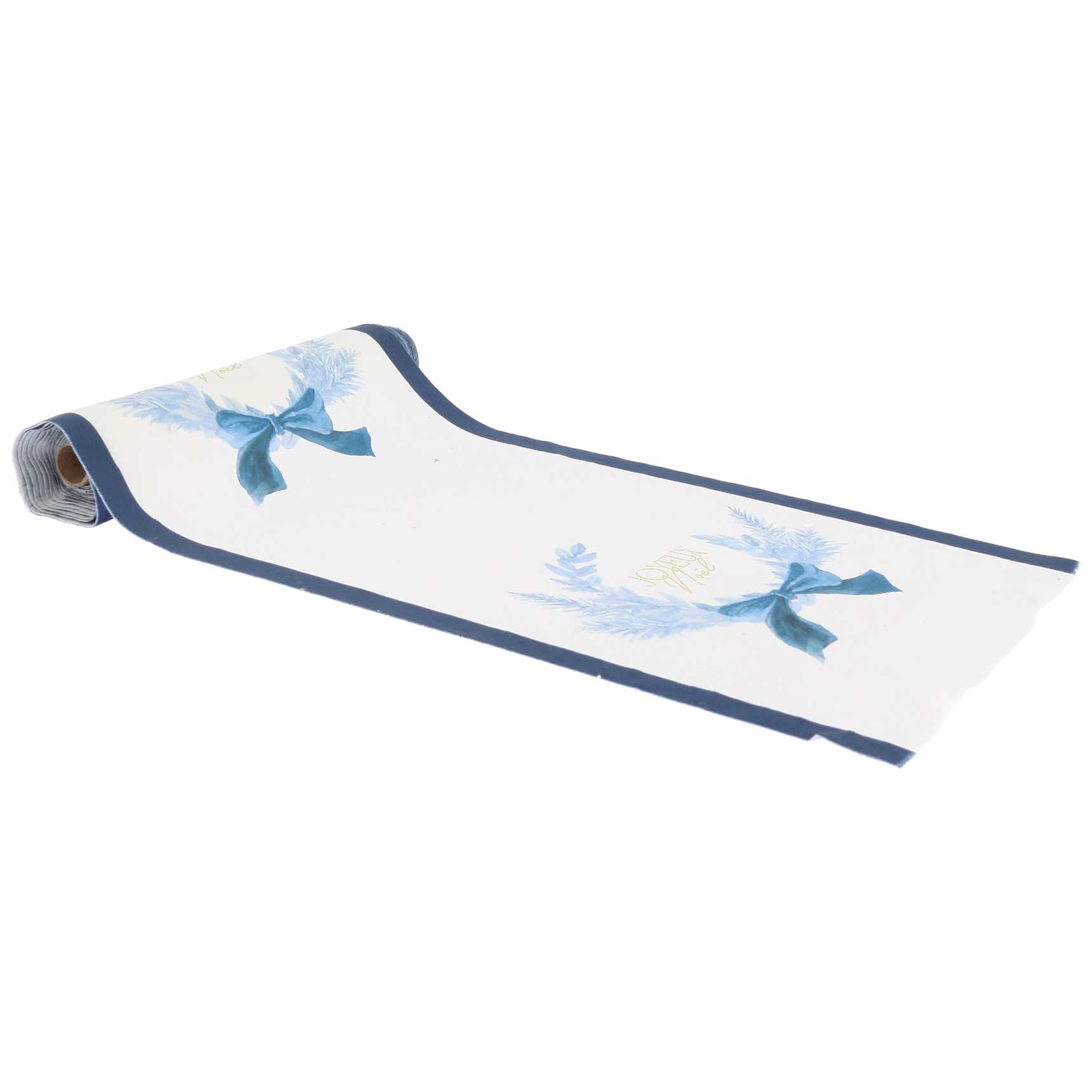 Chemin de Table "Joyeux Noël" Timeless Blue Velours Blanc, Bleu Givré, Marine et Or28cmx3m