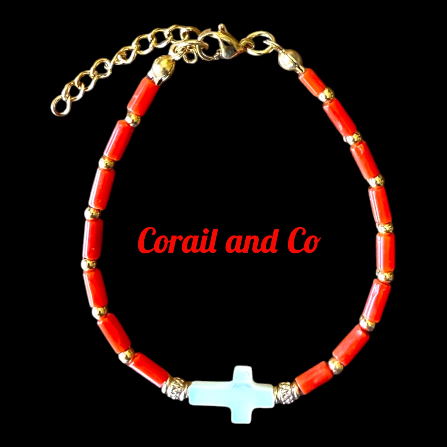 A/Bracelet corail / croix nacre / acier inoxydable doré