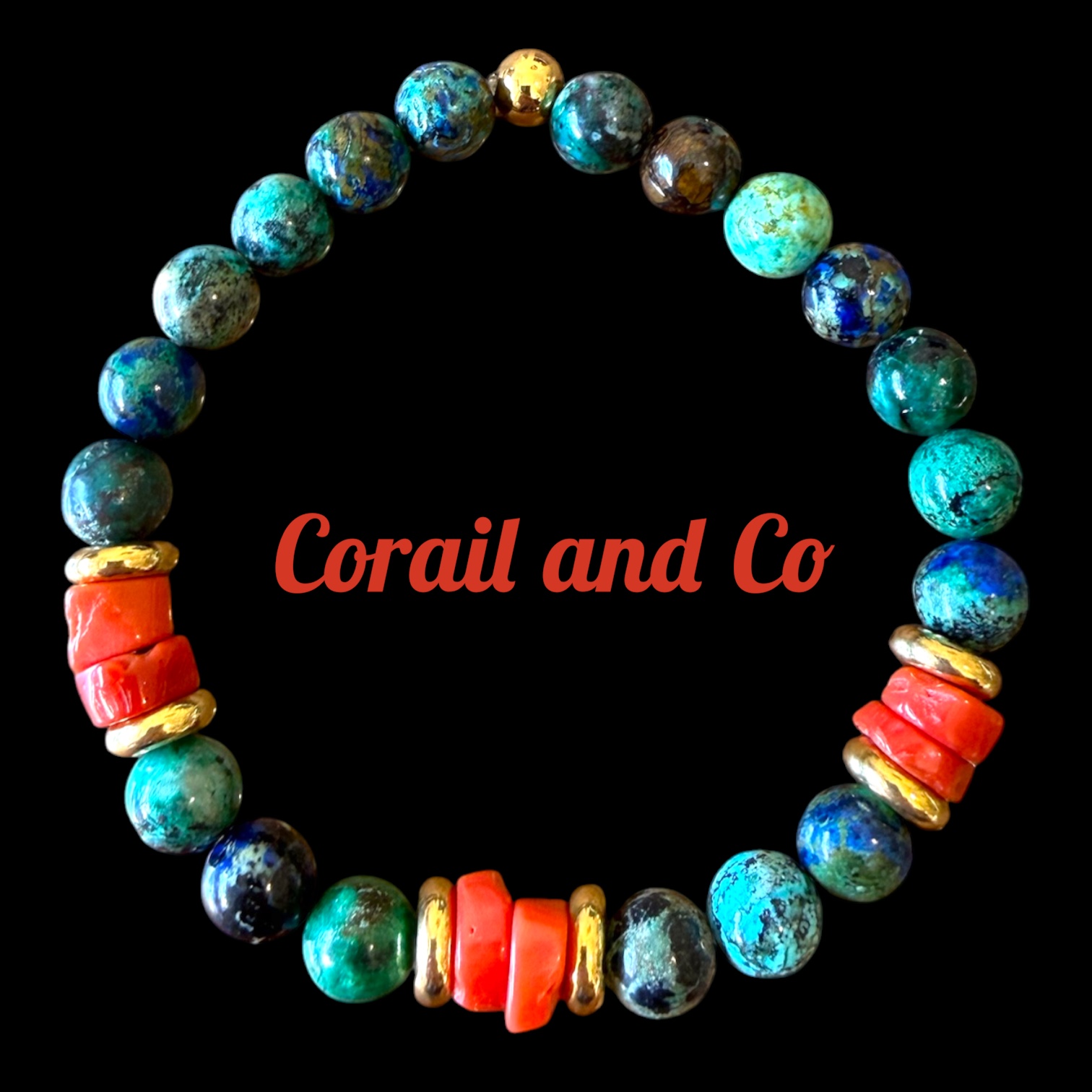 a )Bracelet corail / azurite / acier inoxydable doré