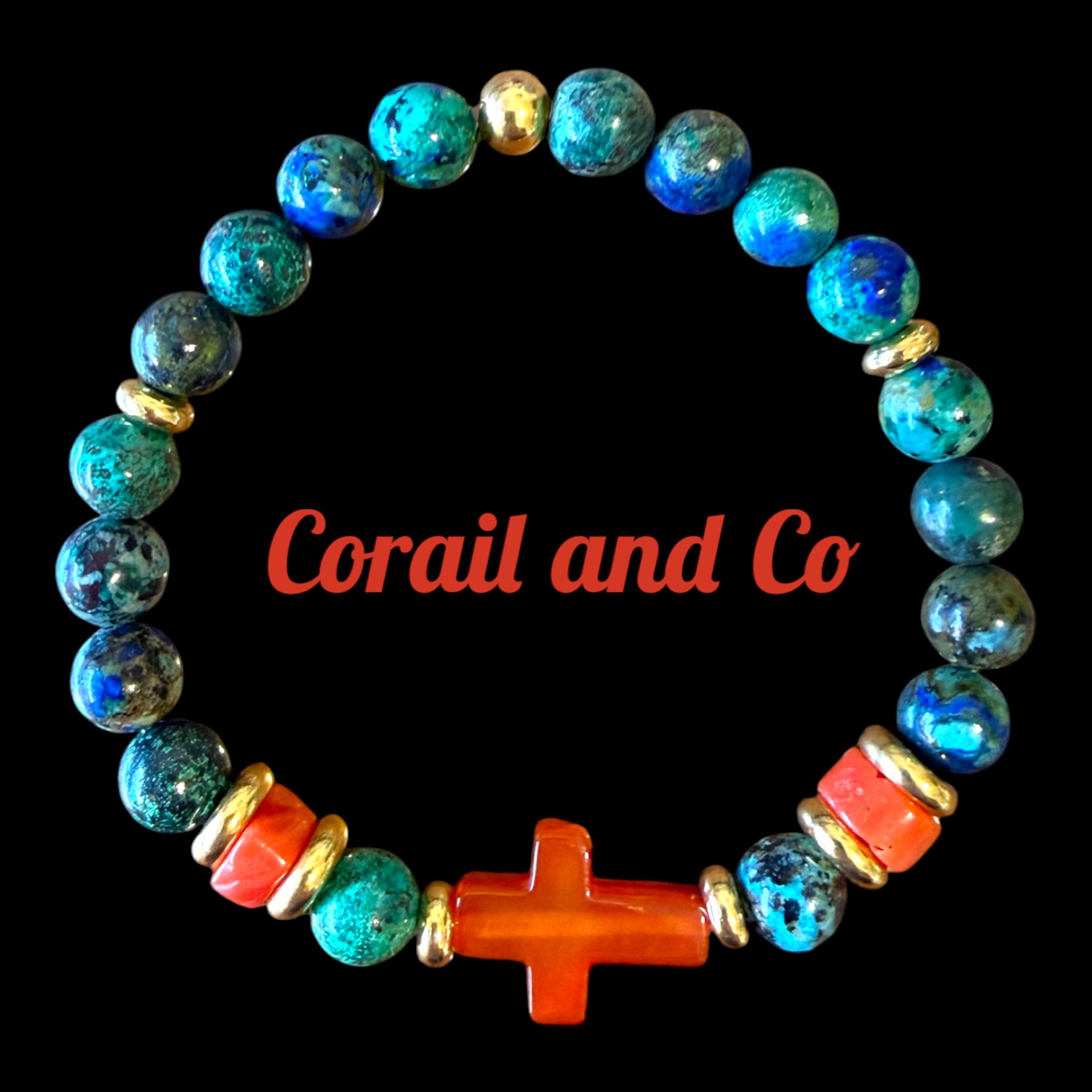 b ) Bracelet mixte 8mm azurite / corail / croix agate rouge/ acier inoxydable doré