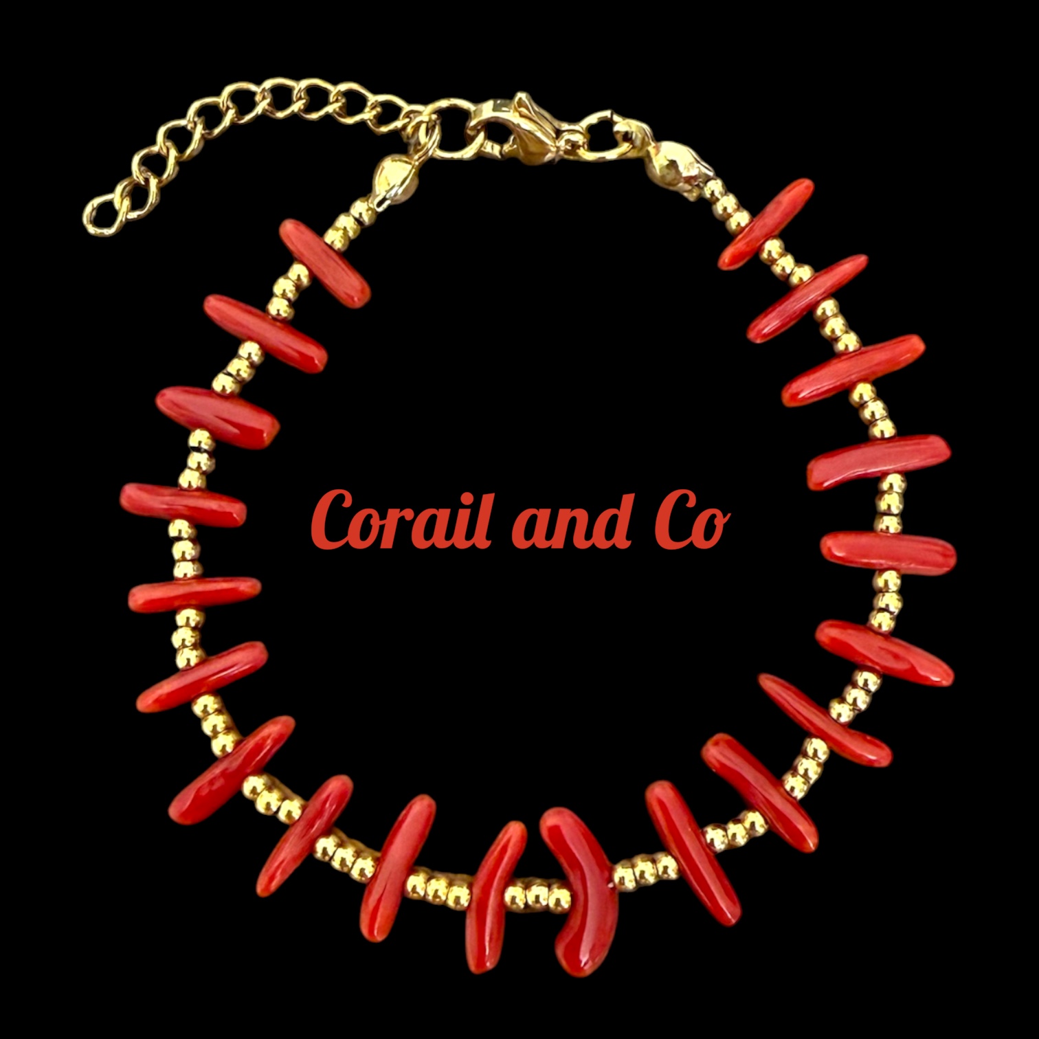 1) Bracelet dentelle de corail  rouge / acier inoxydable doré