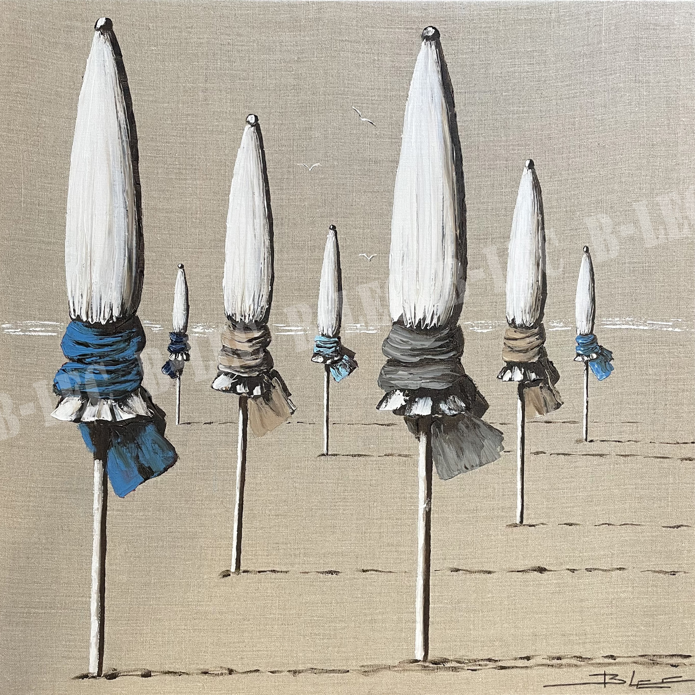 ...Parasols tons bleus/naturels fond lin