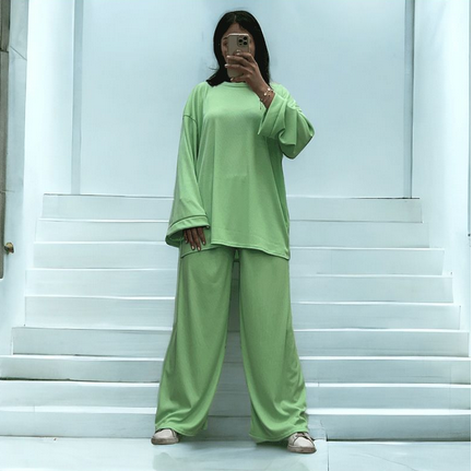 Ensemble tunique et pantalon léger vert d'eau en maille côtelé extensible printemps été 