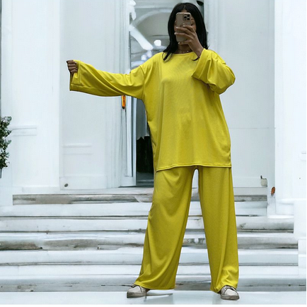 Ensemble tunique et pantalon léger jaune en maille côtelé extensible printemps été 