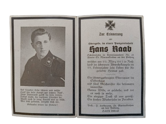 Sterbebild Avis de Décès Allemand Hans Raab (1943) - Unité Panzer Russie