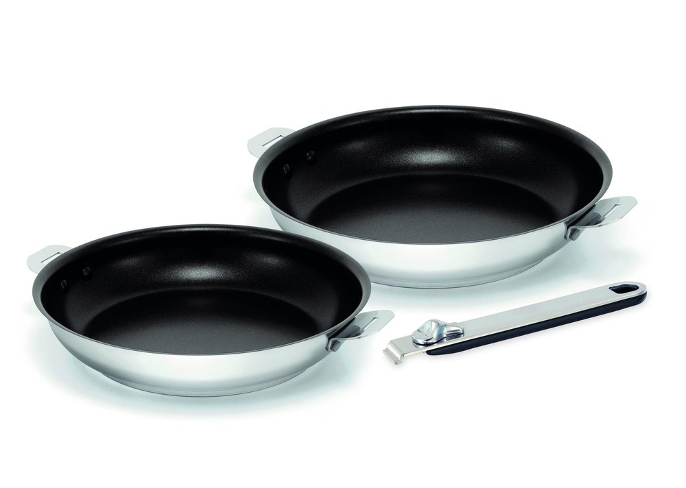 lot de 2 poêles 24cm + 28cm en acier inox avec revêtement anti adhésif + poignée, move on kitchen fun par BEKA