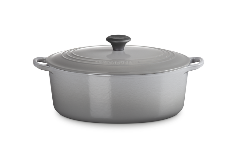 Cocotte ovale 29 cm en fonte émaillée, Mist Grey gris, bouton noir, Le Creuset