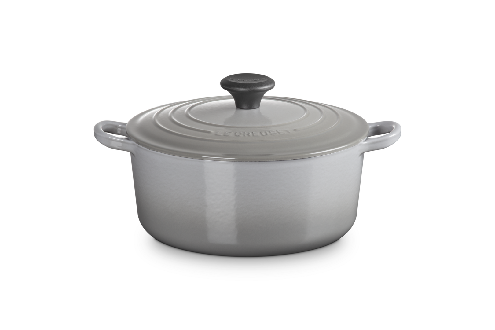 Cocotte ronde 24cm en fonte émaillée, Mist Grey gris, bouton noir, Le Creuset