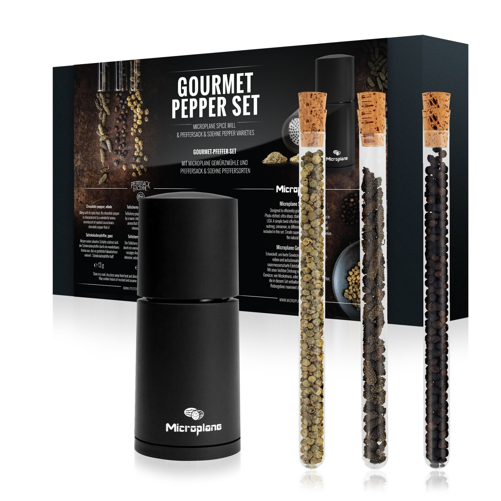 COFFRET CADEAU moulin à épices 2 en 1 + 3 fioles de poivre, microplane