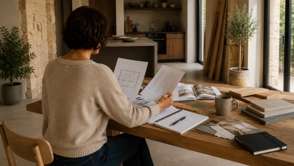 Préparation d’un budget de rénovation de maison avec étude de plans, choix des matériaux et organisation des travaux dans un intérieur chaleureux et contemporain en Vendée.
