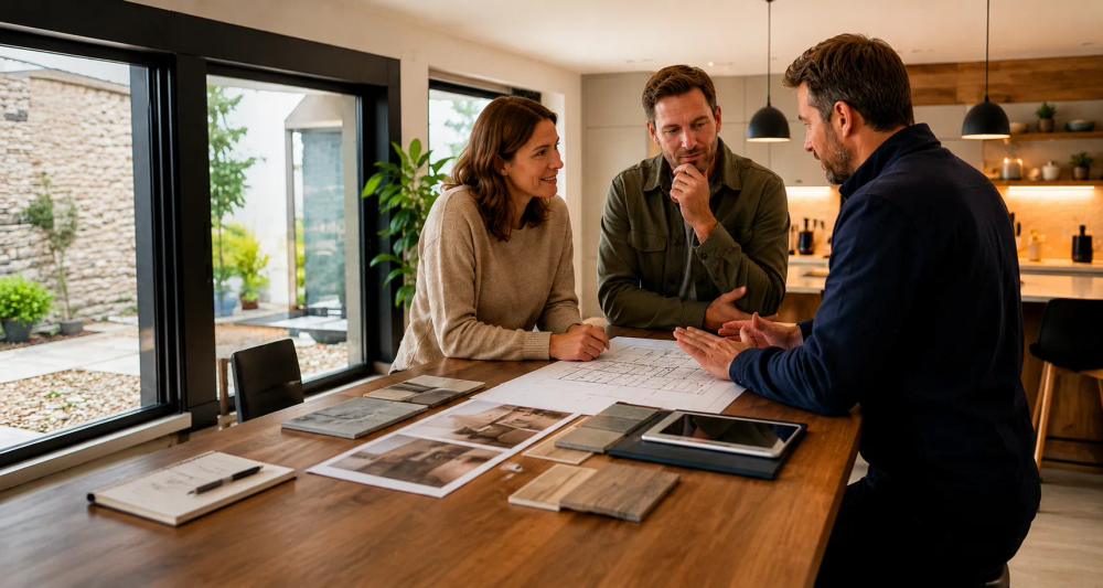 Échange autour de travaux de rénovation avec analyse de devis, plans et matériaux dans le cadre d'une recherche d'artisans en Vendée.