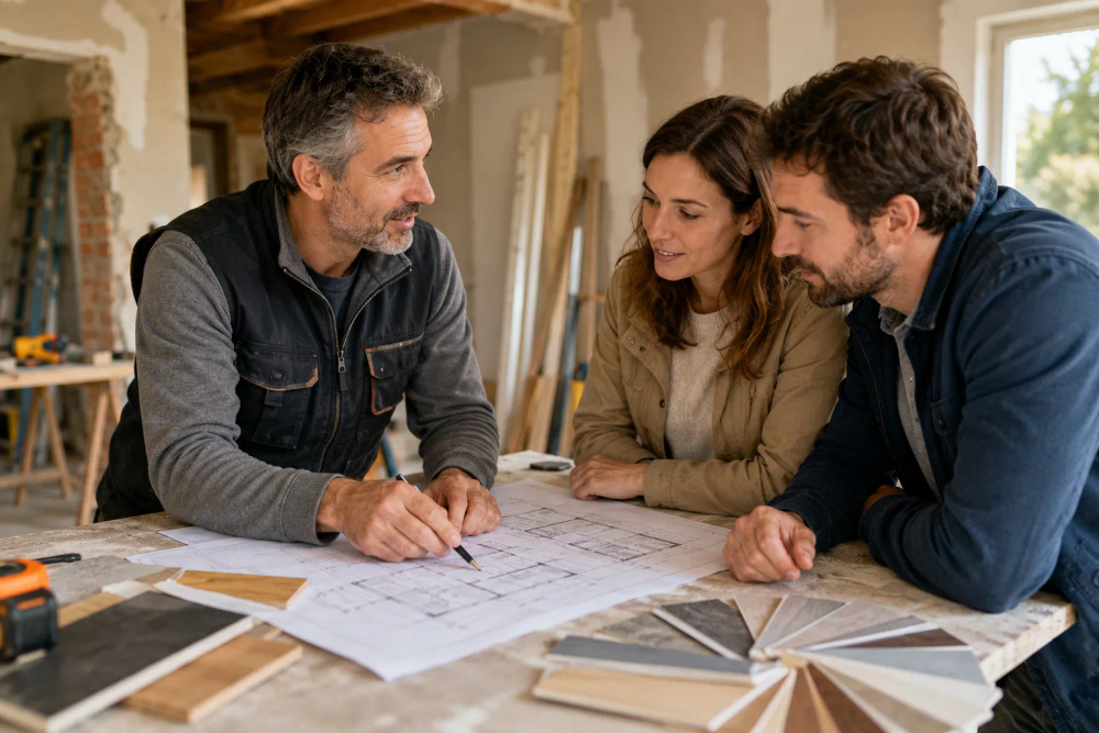 Artisan échangeant avec des particuliers au sujet d'un projet de rénovation en Vendée.
