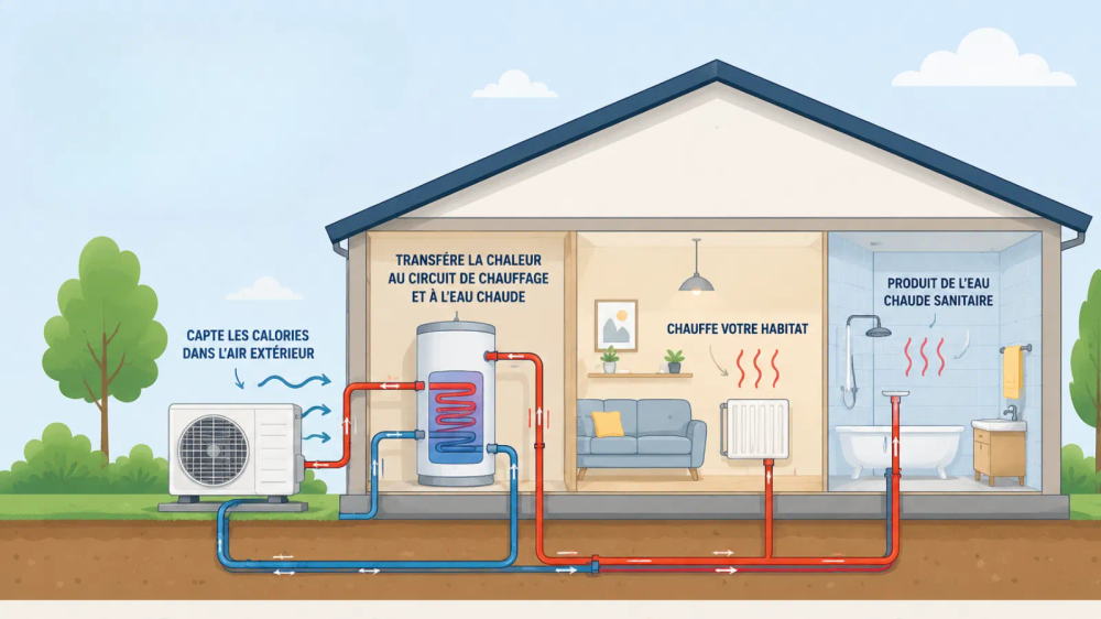 Sch&eacute;ma expliquant le fonctionnement d'une pompe &agrave; chaleur air/eau, de la r&eacute;cup&eacute;ration des calories de l'air ext&eacute;rieur jusqu'&agrave; la diffusion de la chaleur dans le logement.