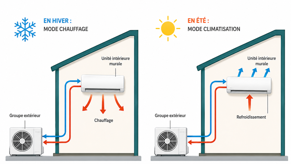 Sch&eacute;ma illustrant le fonctionnement d'une climatisation r&eacute;versible en mode chauffage l'hiver et en mode rafra&icirc;chissement l'&eacute;t&eacute;.