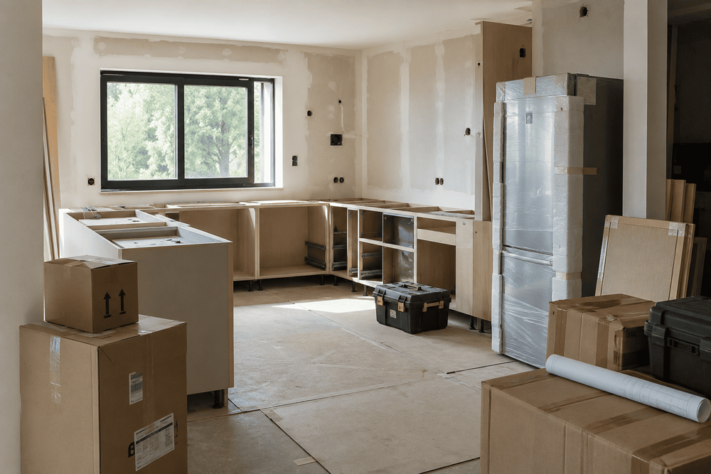 Cuisine en rénovation dont les travaux sont temporairement interrompus, illustrant les conséquences d'un retard de chantier.