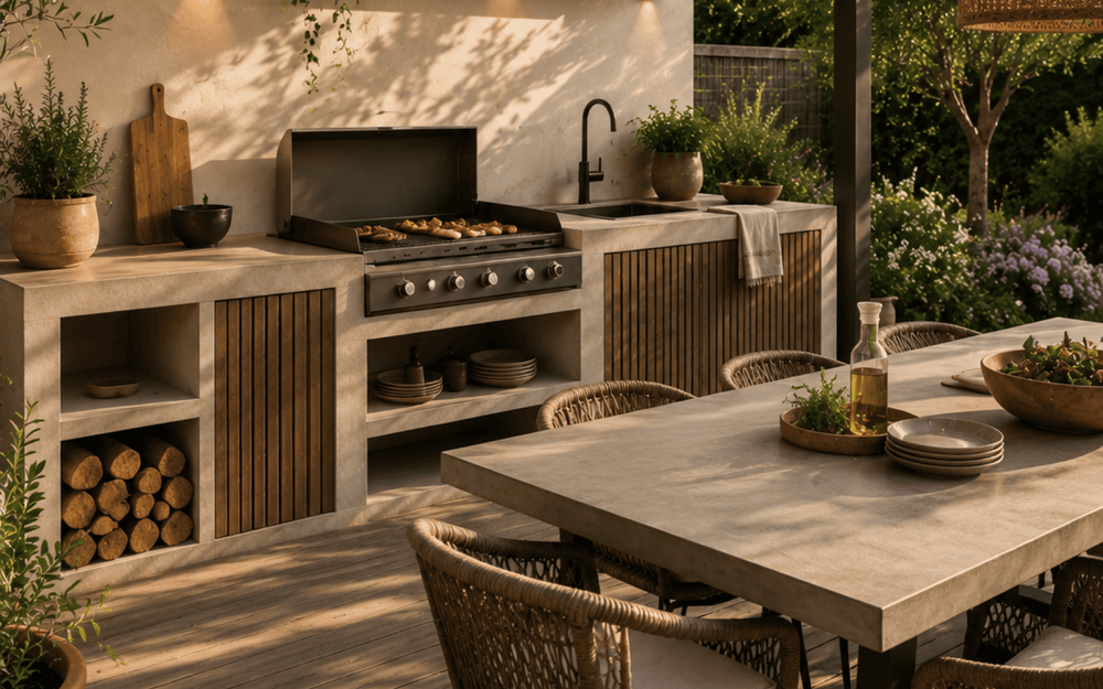Cuisine d'&eacute;t&eacute; naturelle contemporaine m&ecirc;lant bois, pierre et v&eacute;g&eacute;tation pour un ext&eacute;rieur chaleureux et &eacute;l&eacute;gant.