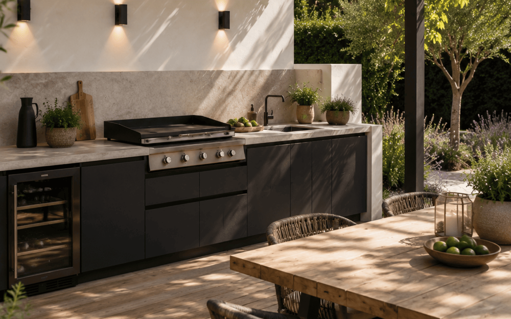 Cuisine d'&eacute;t&eacute; minimaliste aux lignes &eacute;pur&eacute;es avec mobilier contemporain et am&eacute;nagement ext&eacute;rieur moderne.