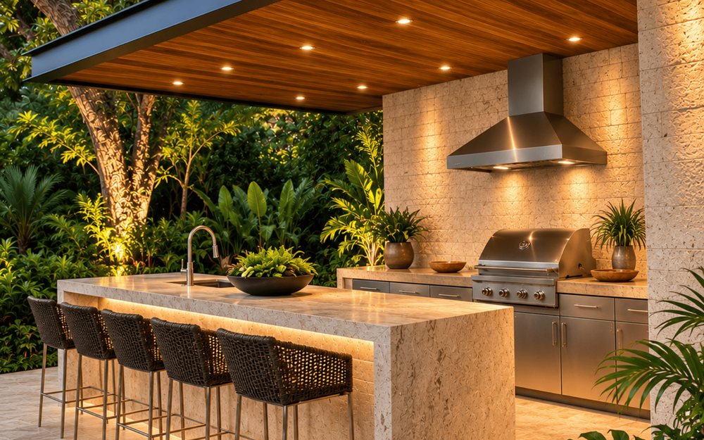 Cuisine d'&eacute;t&eacute; contemporaine haut de gamme avec mobilier design, mat&eacute;riaux nobles et espace repas ext&eacute;rieur.
