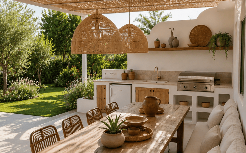 Cuisine d'&eacute;t&eacute; boh&egrave;me m&eacute;diterran&eacute;enne sous pergola avec grande table en bois, mat&eacute;riaux naturels et jardin paysager.