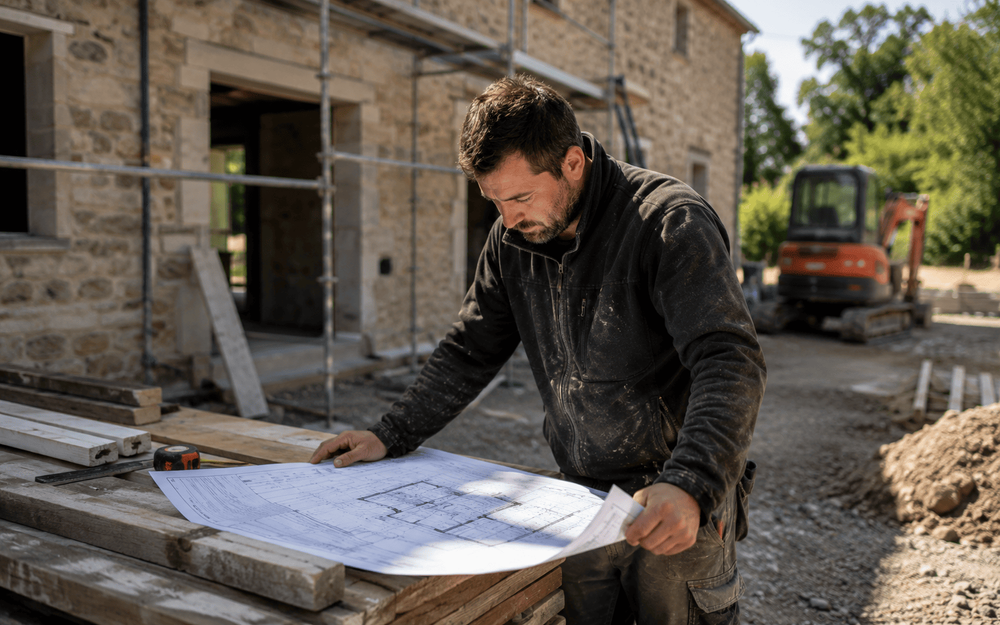 Artisan consultant un plan de rénovation sur un chantier extérieur avant le démarrage des travaux afin d'organiser les différentes étapes du projet.