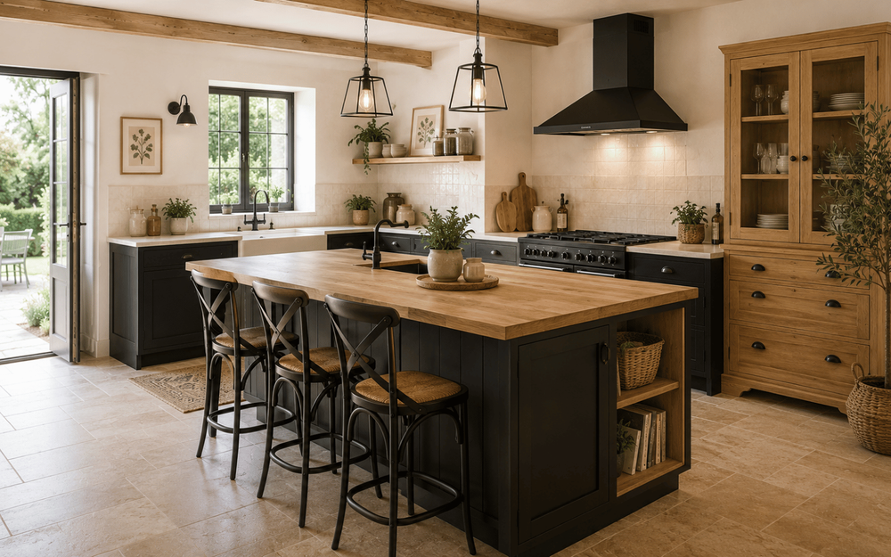 Cuisine avec &icirc;lot central de style campagne contemporaine m&ecirc;lant fa&ccedil;ades noires, bois naturel et grands volumes lumineux.