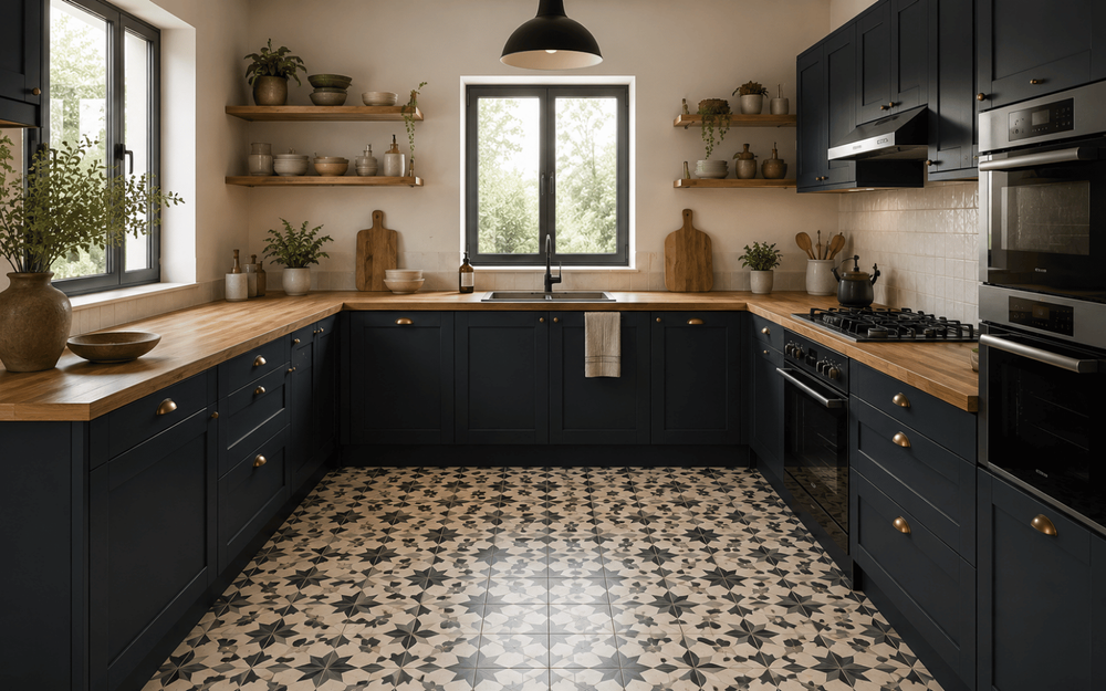 Cuisine en U bleu nuit avec plan de travail en bois, meubles hauts ouverts et sol en carreaux de ciment pour une ambiance chaleureuse.