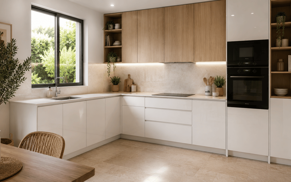 Cuisine en L avec fa&ccedil;ades blanches brillantes, meubles hauts en bois et plan de travail clair dans une ambiance contemporaine lumineuse.