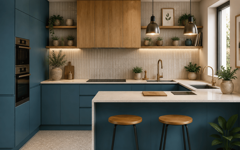 Cuisine bleu canard avec p&eacute;ninsule, fa&ccedil;ades mates, bois naturel et cr&eacute;dence claire dans un style contemporain chaleureux.