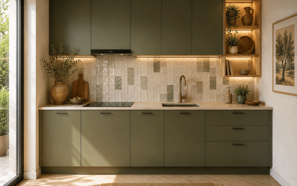 Cuisine lin&eacute;aire vert olive avec plan de travail clair et d&eacute;coration m&eacute;diterran&eacute;enne dans une ambiance douce et &eacute;pur&eacute;e.