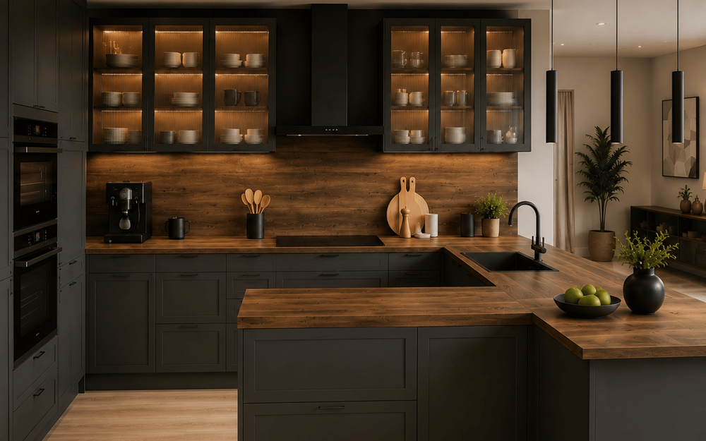 Cuisine ouverte avec fa&ccedil;ades noires mates, plan de travail et cr&eacute;dence en bois, verri&egrave;res fum&eacute;es et p&eacute;ninsule conviviale.