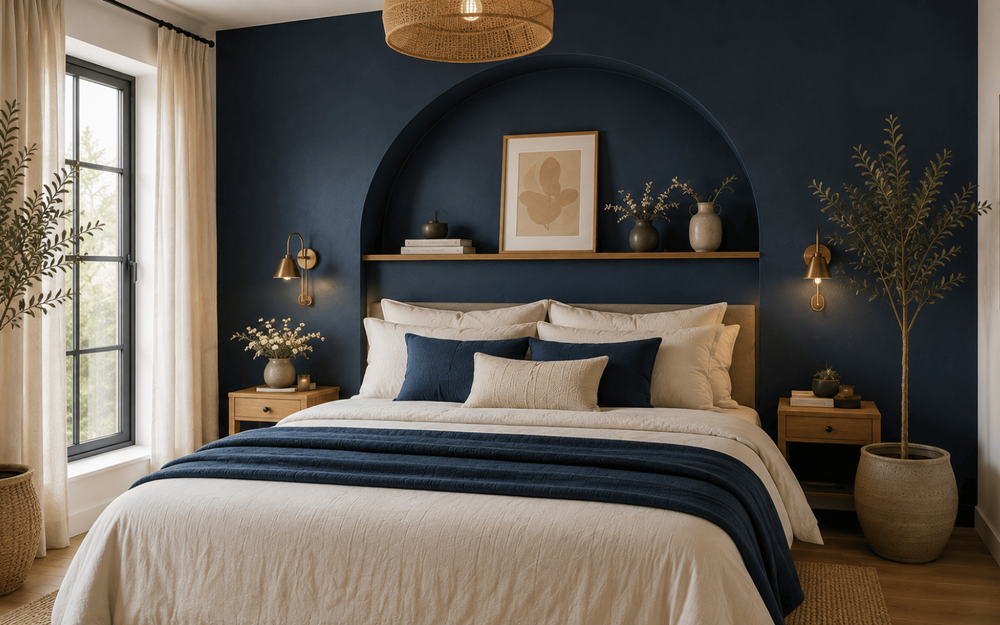 Chambre contemporaine avec arche mettant en valeur la tête de lit dans une ambiance naturelle et apaisante.